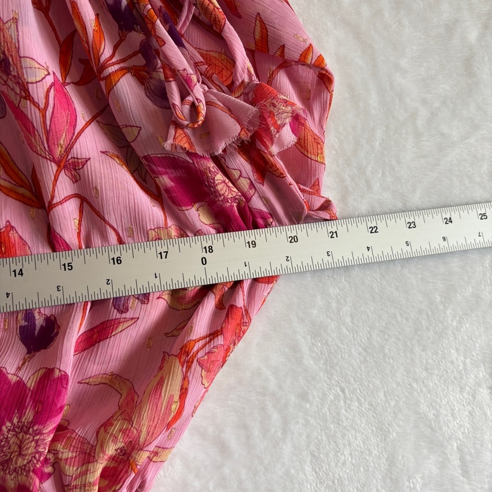 MISA Los Angeles Dominique pink Floral Chiffon Split-Neck Mini Dress size Medium - Picture 7 of 12